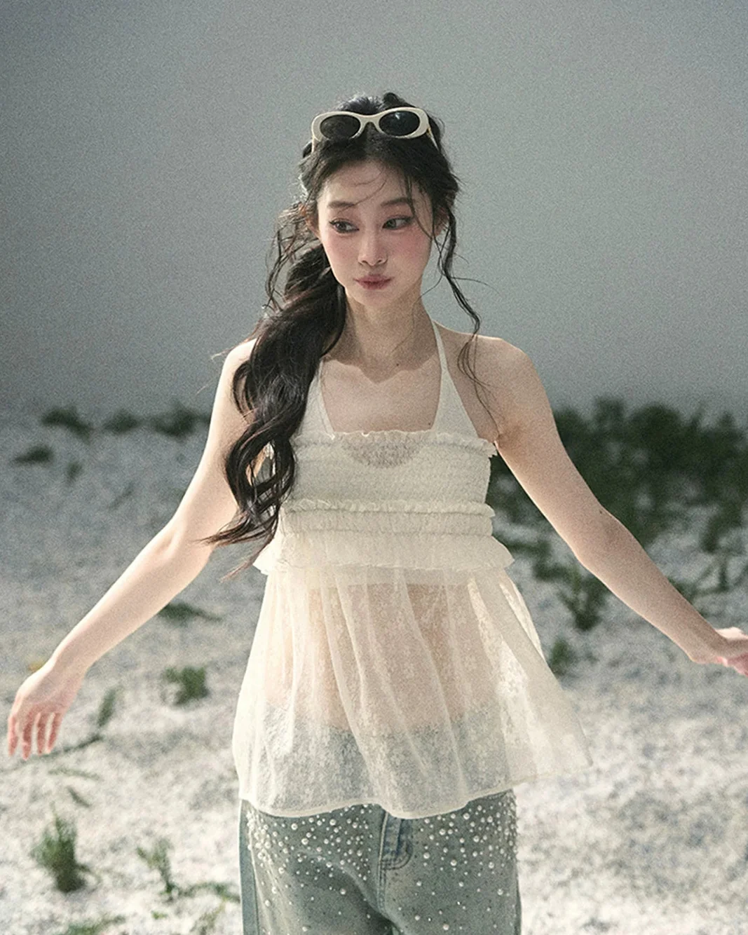“Shattered Glass Veil” French Sheer Halter Lace Top