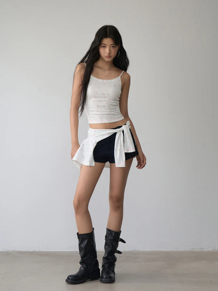 Printed Hollow-out Lace Trim One-Shoulder Top Set