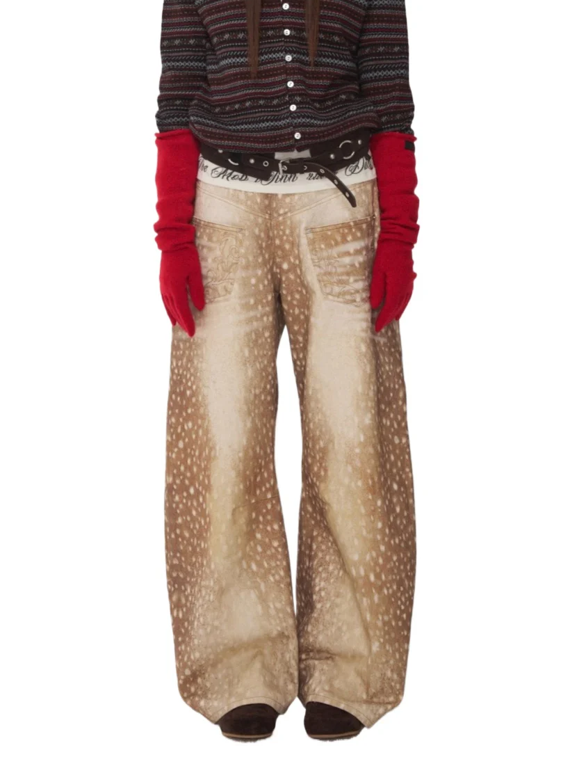Vintage Deer Print Curved-Leg Canvas Pants
