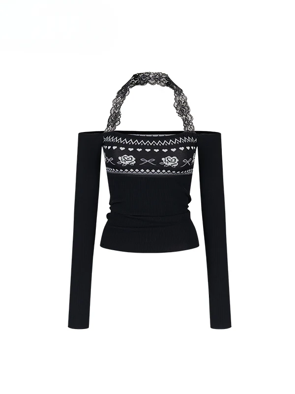 Lace Halter Two-way One-shoulder Sweater