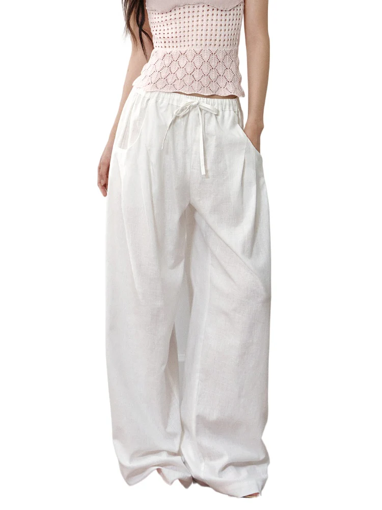 Linen Elastic Drawstring Wide-Leg Pants