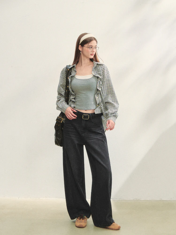Checkered Contrast Hem Drawstring Pleated Shirt