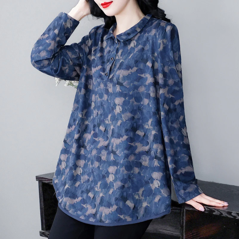 Plus Size Loose Elegant Floral Printed Cotton Women Polo Shirt