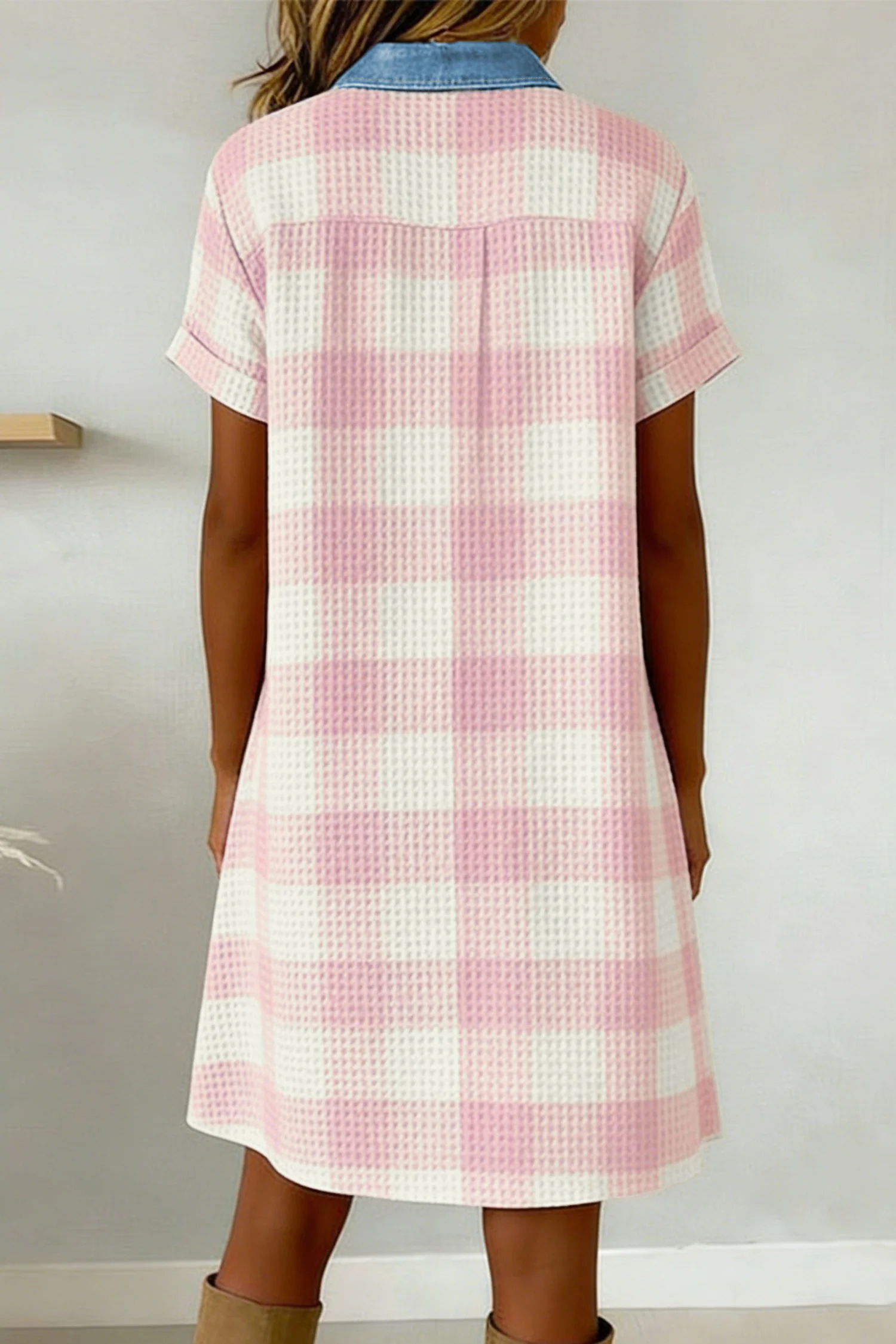 Pink Waffle Plaid Print Contrast Denim Shirt Collar T Shirt Mini Dress
