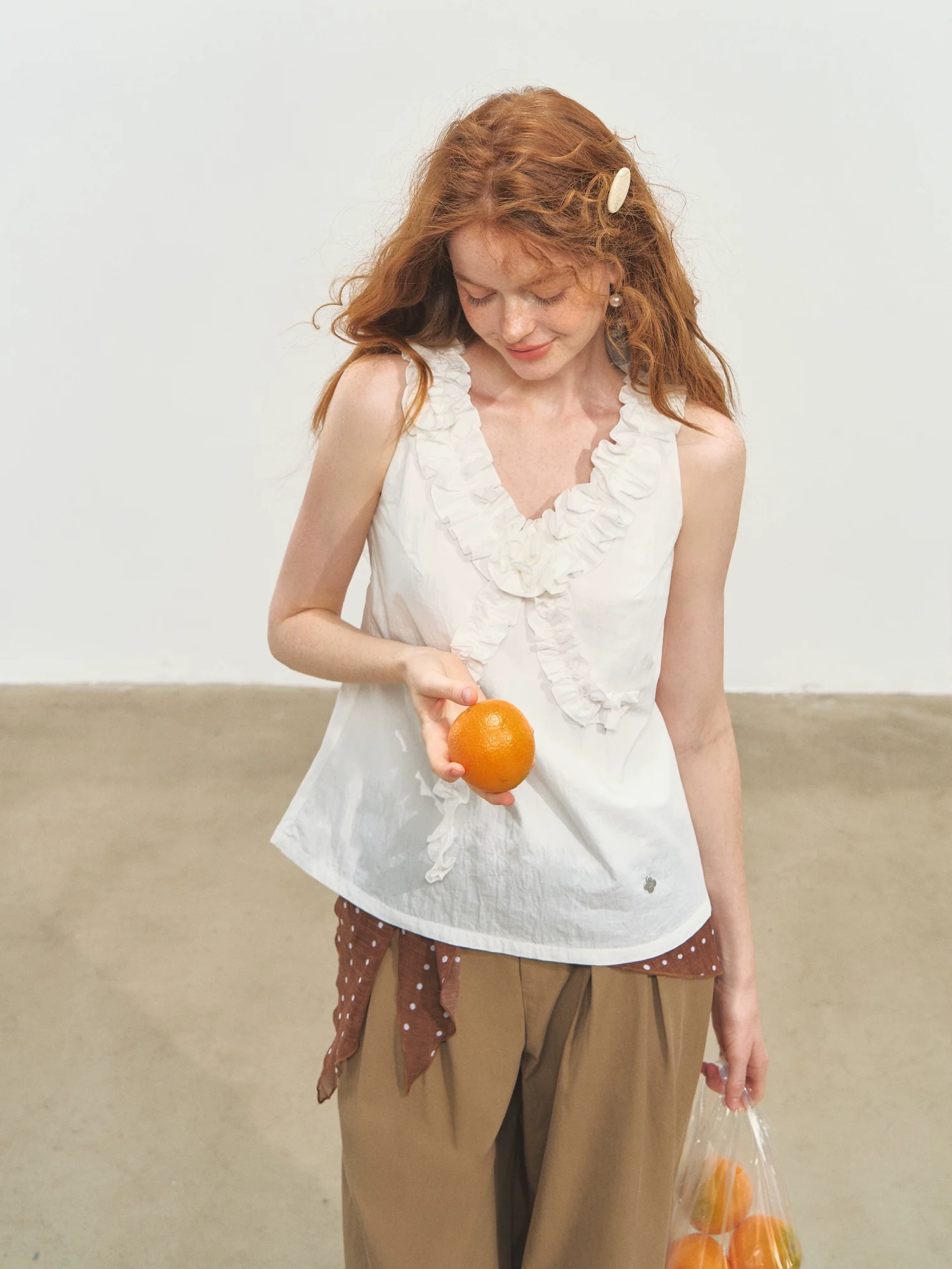 French Ruffle Lace Knotted Flower V-neck Top