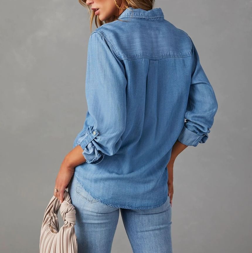 Sleeve Shirt Loose-Fit Long Denim V-Neck