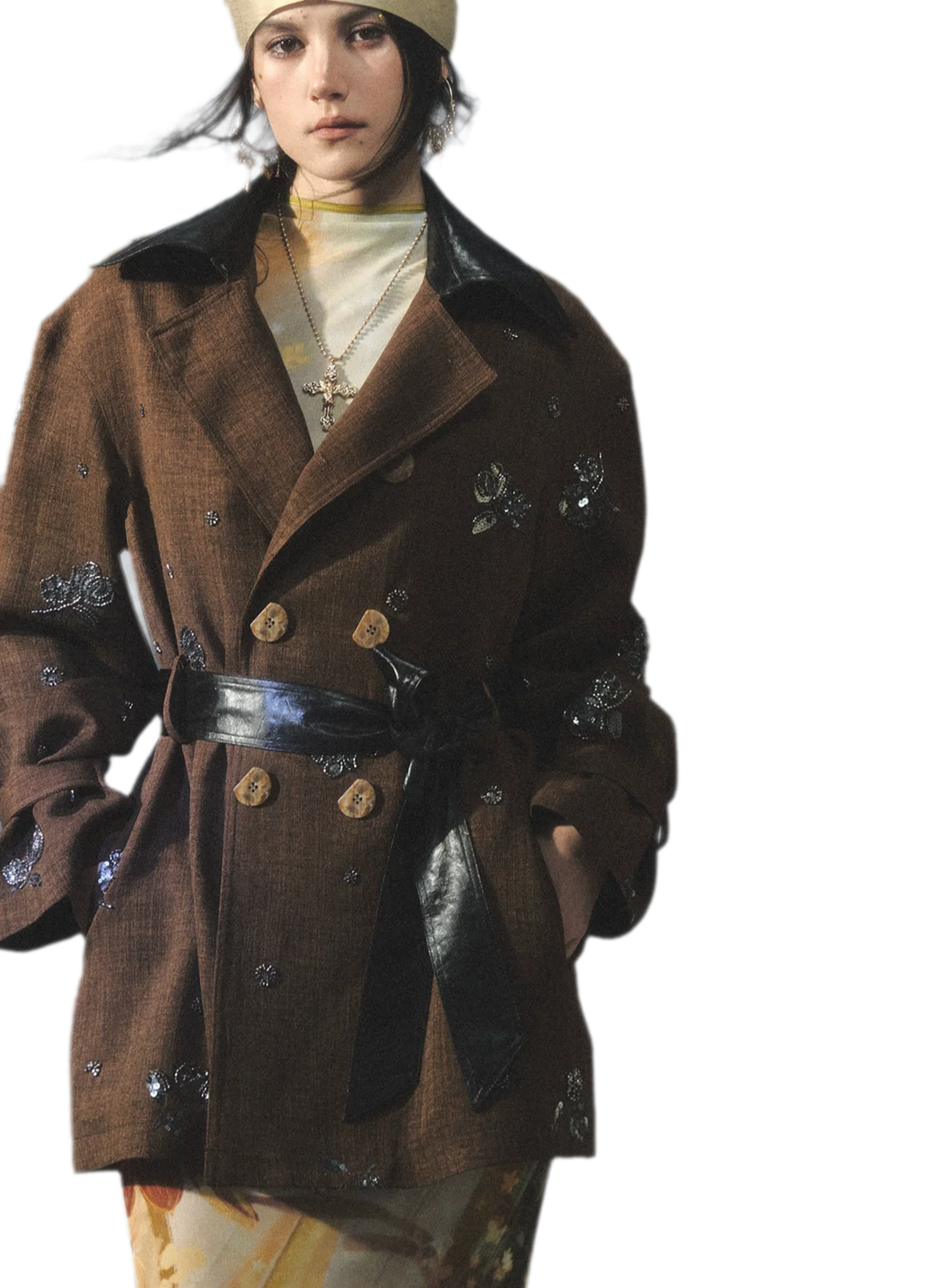 Beaded Embroidered Leather-Trim Trench Coat