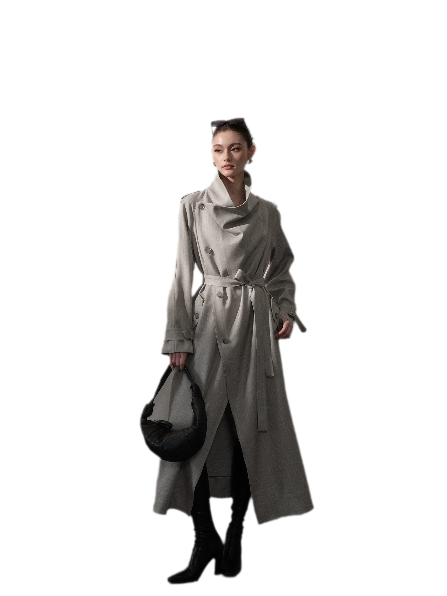 Silver-Thread Striped Long Trench Coat
