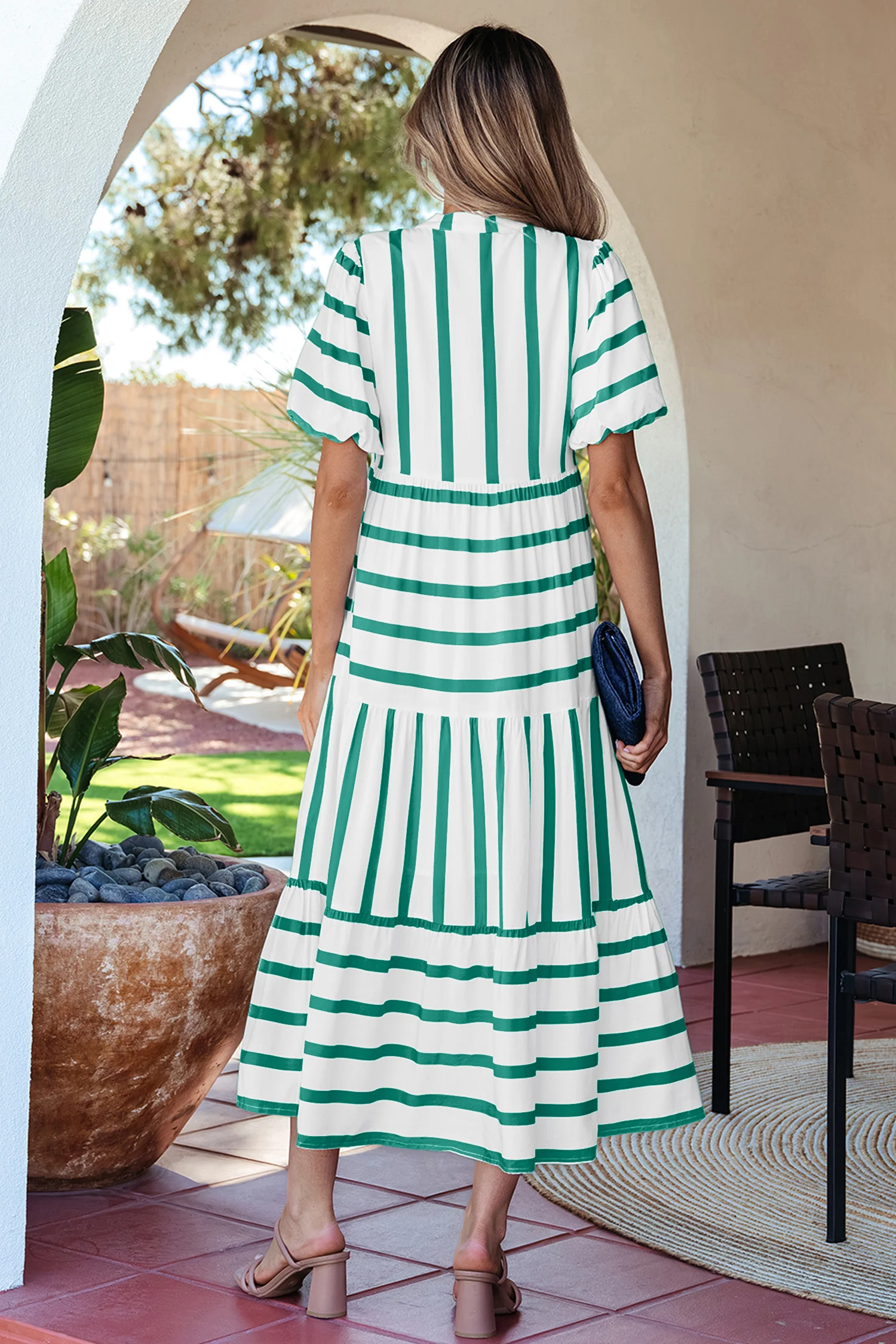 Green Stripe Half Sleeve Vacation Maxi Dress