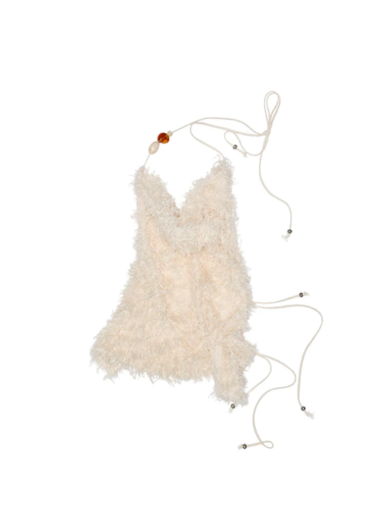 V-Neck Beaded Draped Collar Halter Cami Top