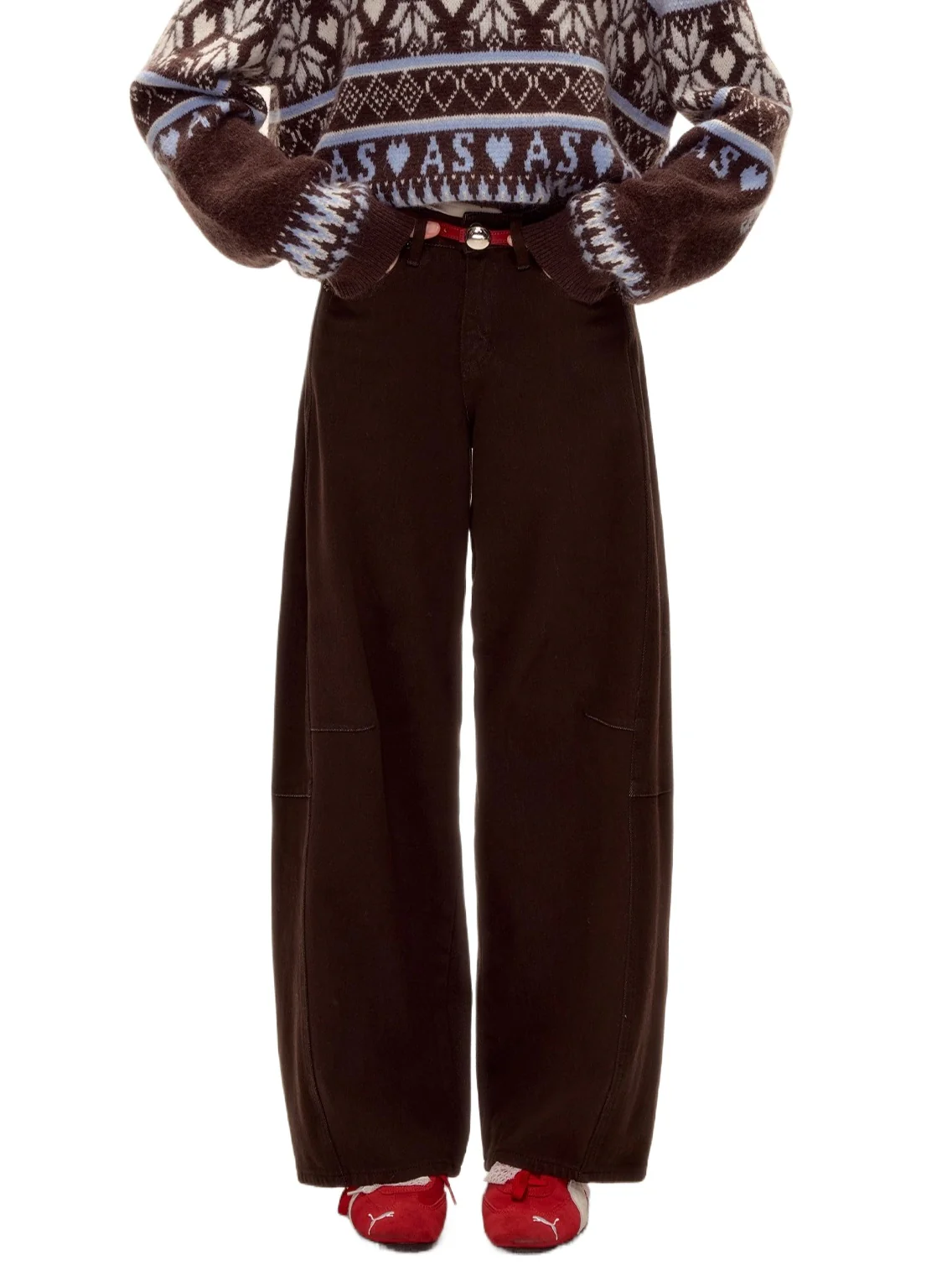 Red Belt Decor Curved-Hem Denim Wide-Leg Jeans