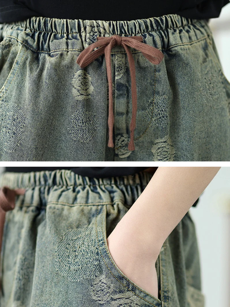 Women Spring Retro Denim Printed Rose Casual Harem Pants