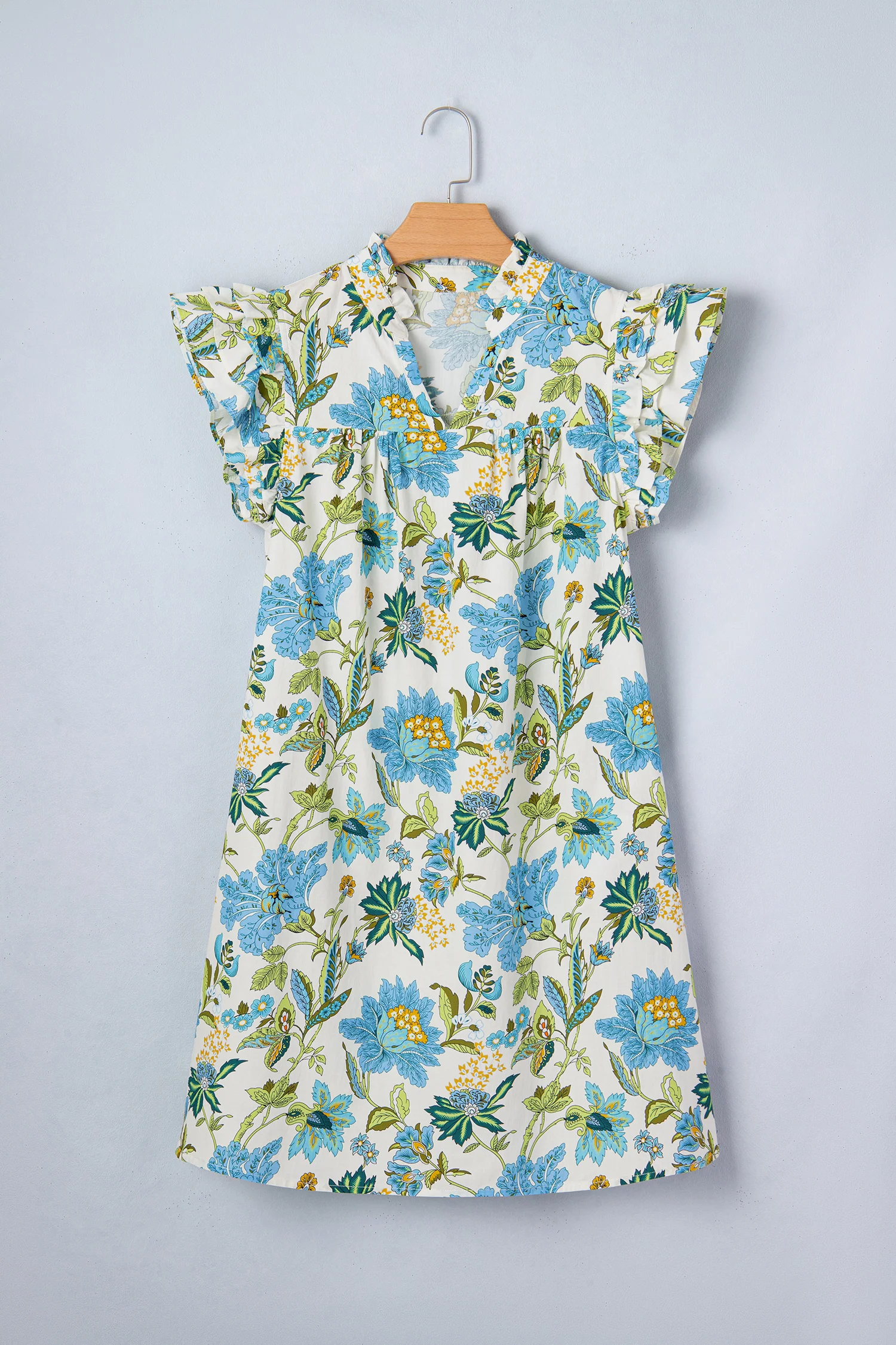 Floral Print V Neck Triple Ruffle Short Sleeve Shift Mini Dress