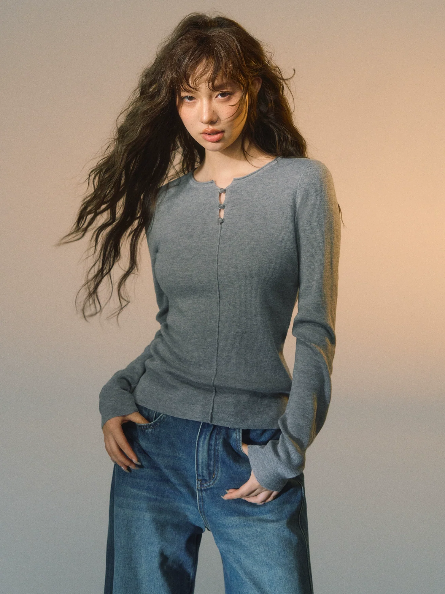 Striped Button-Up Knit Crewneck