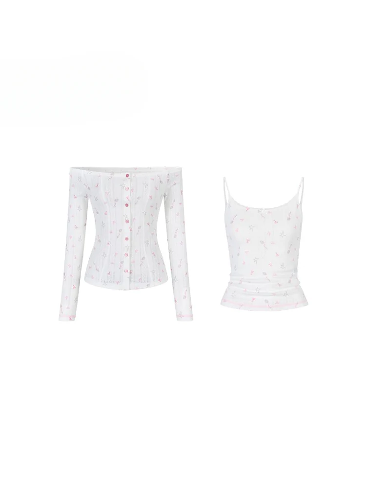 Printed Hollow-out Lace Trim One-Shoulder Top Set