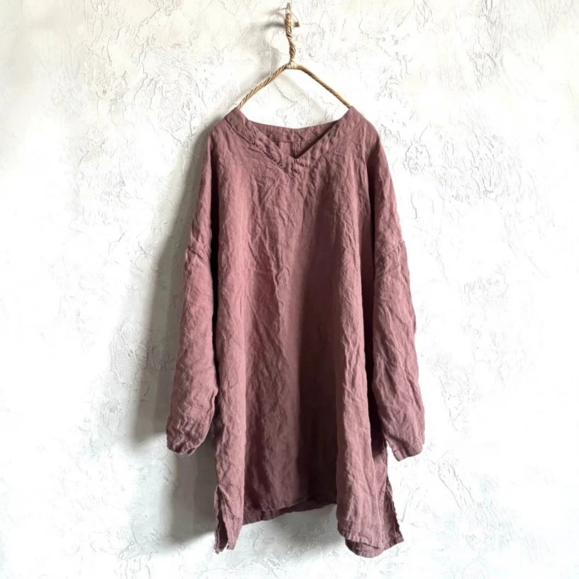 Women Comfy Solid Color V-Neck Washed Loose Linen Blouse