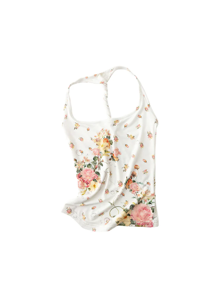 Floral All-Over Printed Big Round Neck Knotted Tank Top