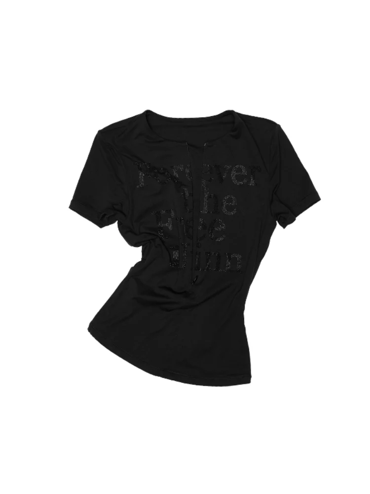 Floral Letter V-Neck Hidden Zip Hot-Fix T-Shirt
