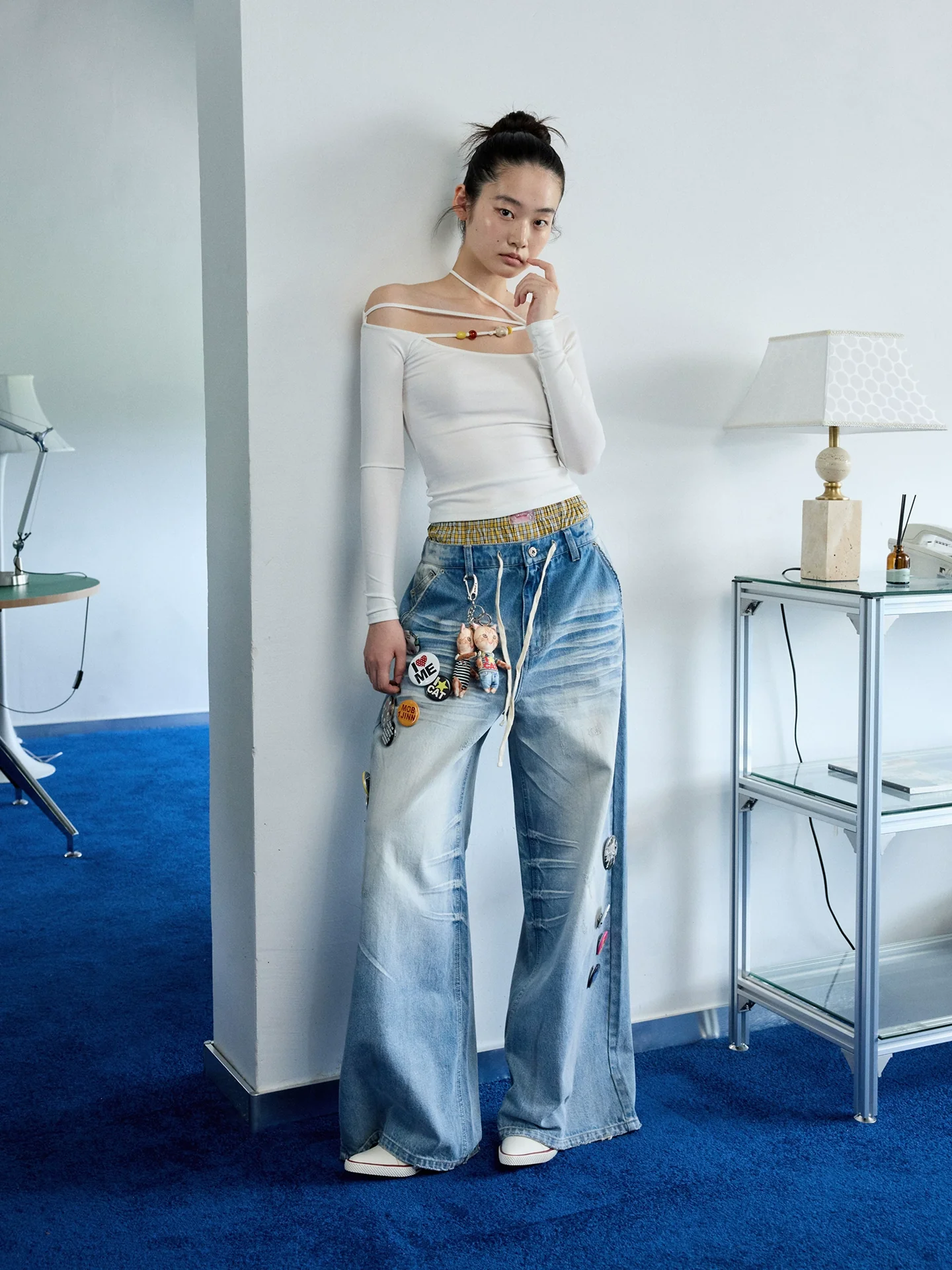 Light Blue Mud-Dyed Badge Wide-Leg Jeans