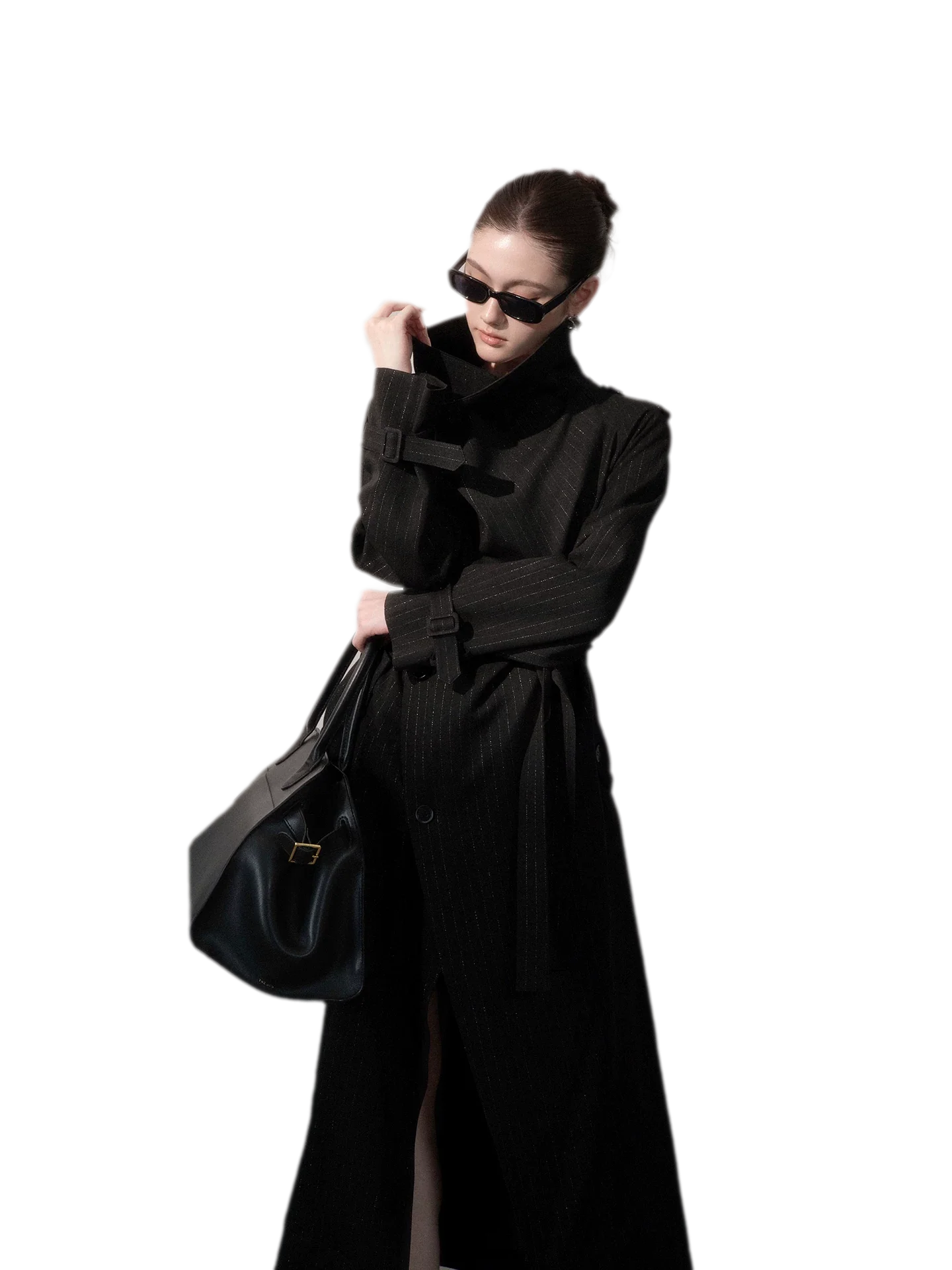 Silver-Thread Striped Long Trench Coat
