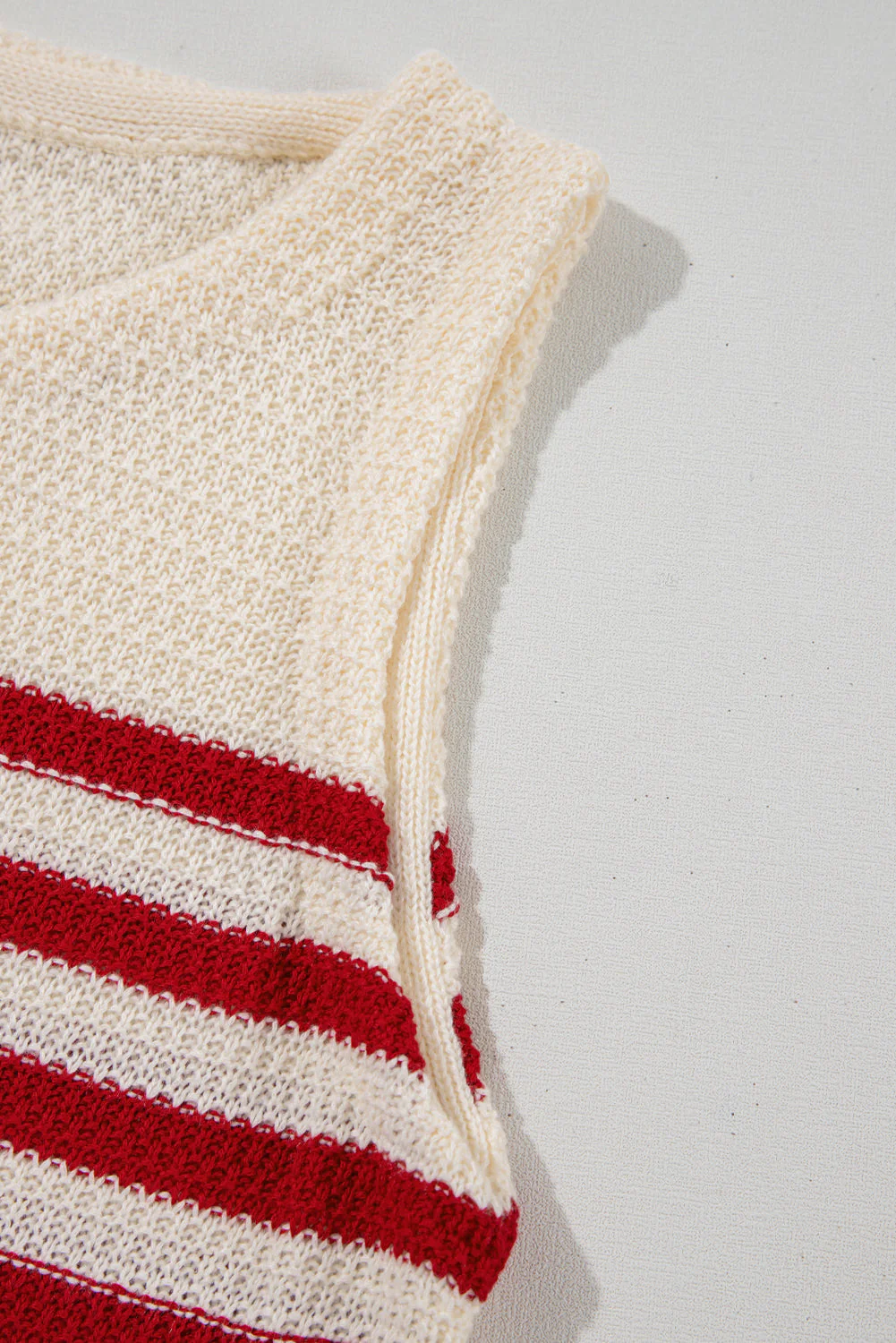 Red Stripe Textured Knit Ribbed Hem Sweater Tank Top