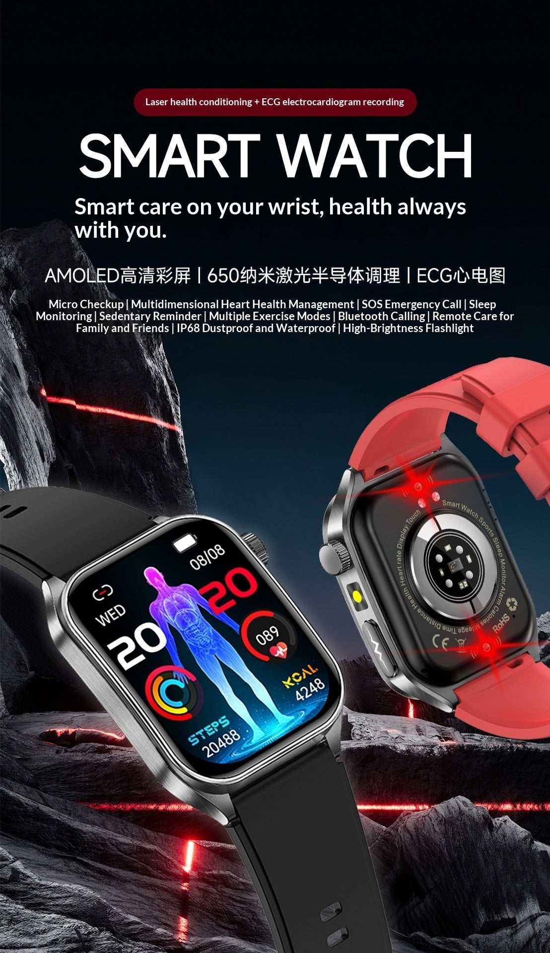 Dual-Head Laser Health ECG Uric Acid Blood Lipid HRV Bluetooth Watch