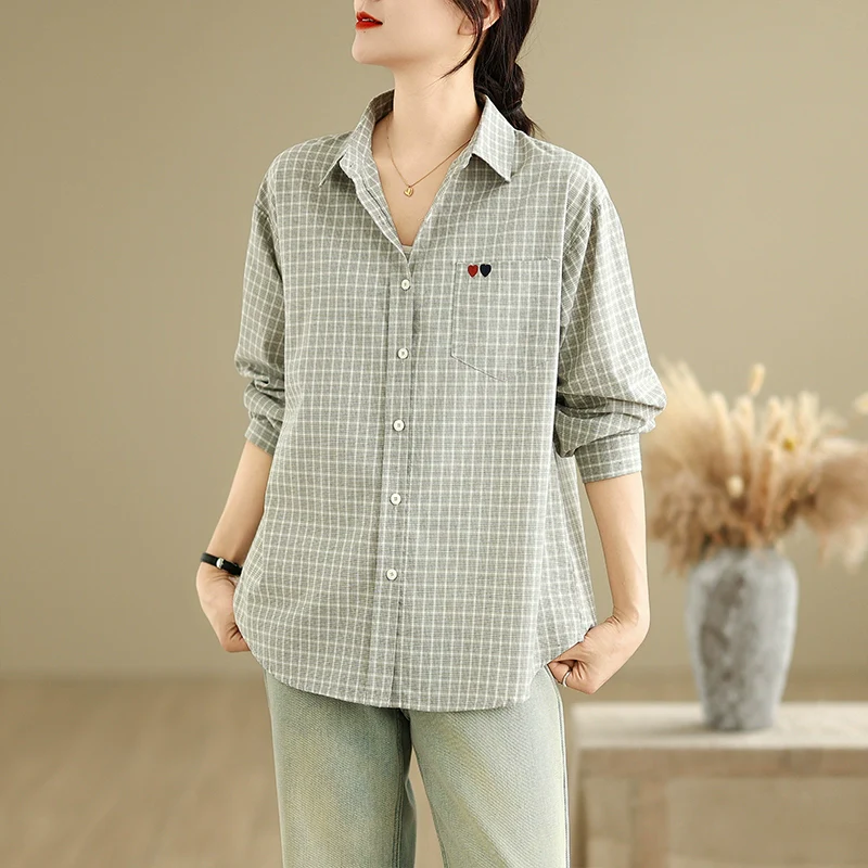 Stylish Casual Long-Sleeved Plaid Cotton Shirt for Women