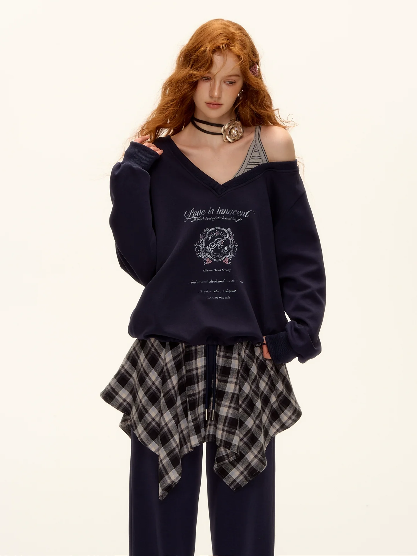 Asymmetric Shoulder Striped Fleece Tracksuit Set
