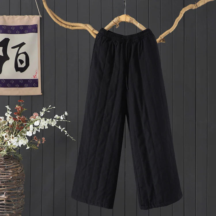 Women Winter Vintage Zen Quilted Cotton-Linen Wide-Leg Pants