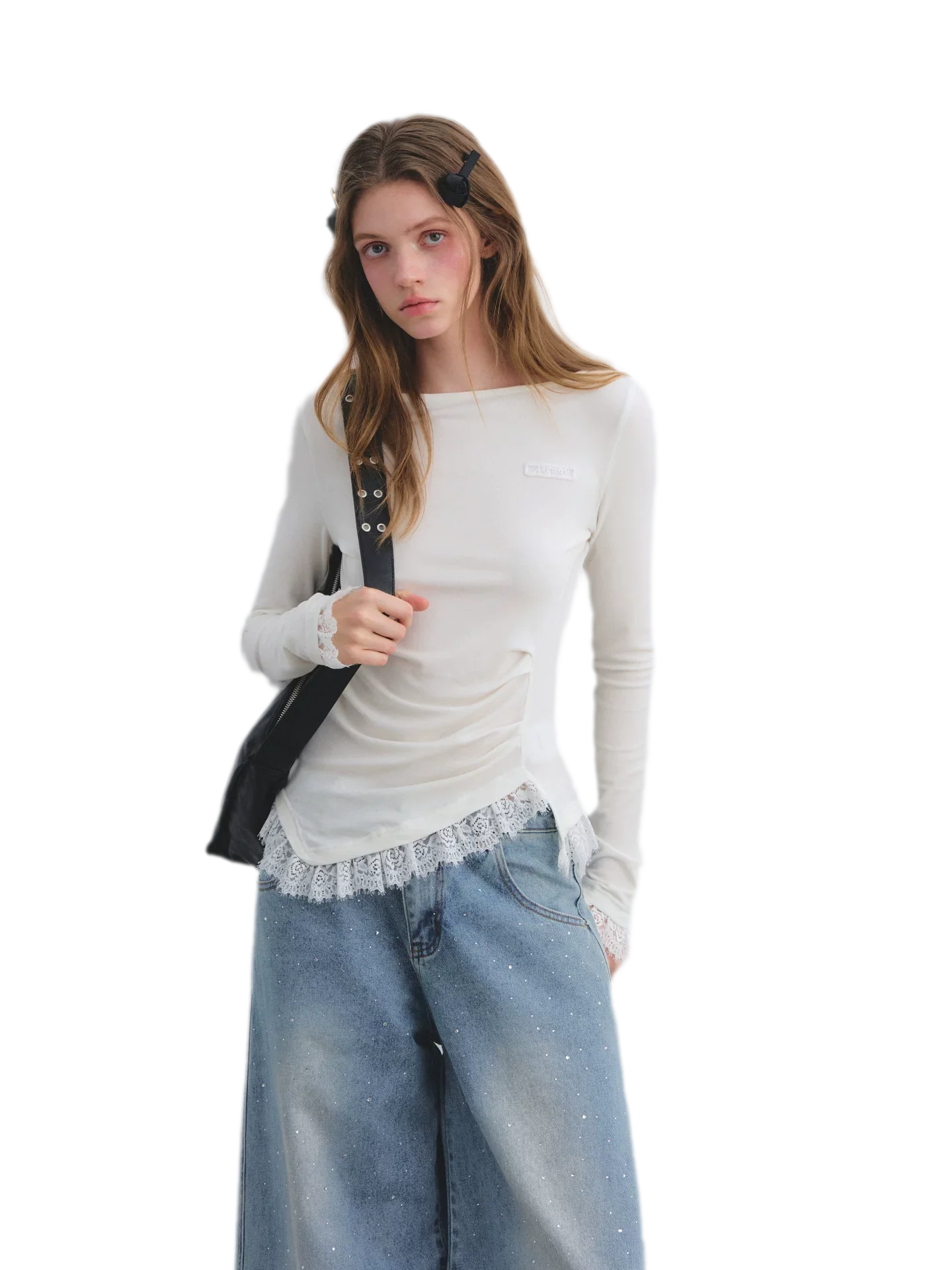 Lace Panel Ruched Hem Top