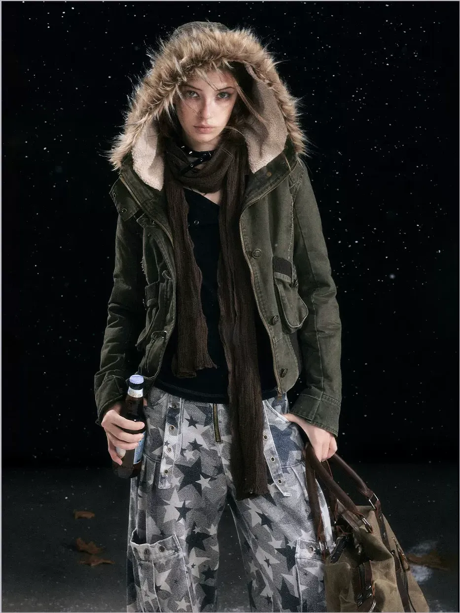 Washed Quilted Fur-Trim Hooded Jacket