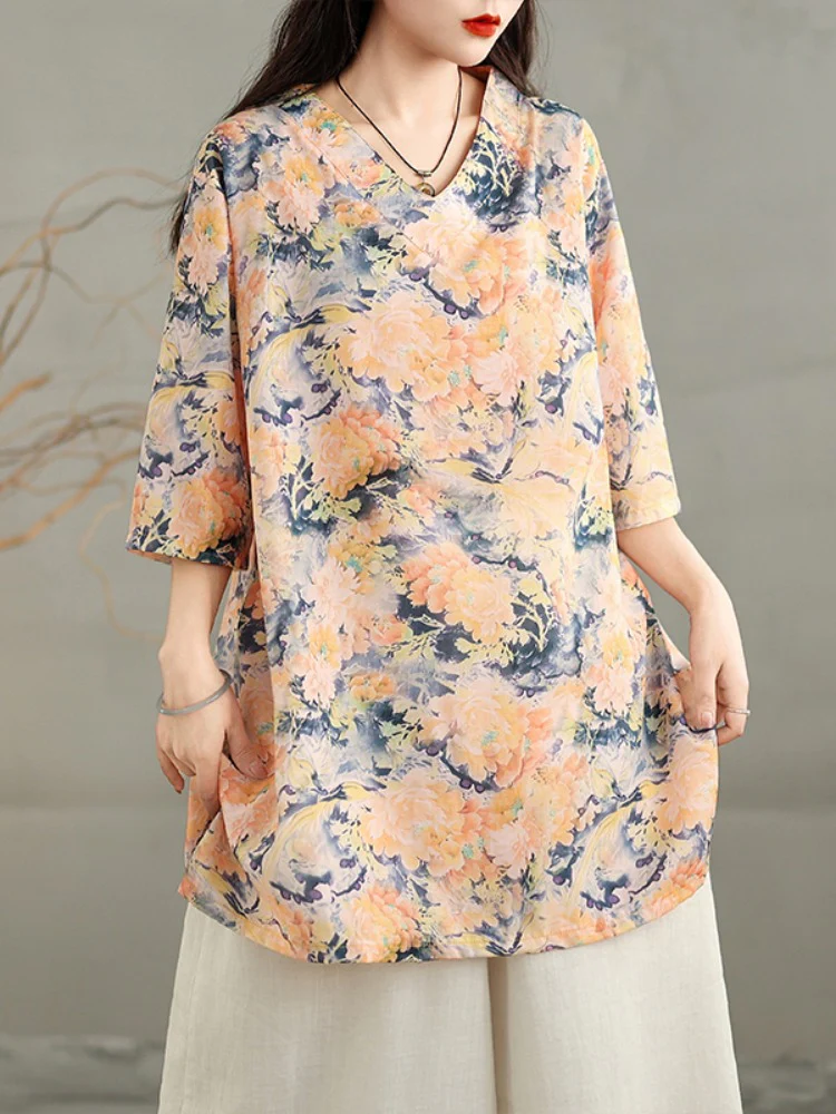 Ladies Retro Printed Loose V-Neck Mid-Length Cotton Linen T-Shirt