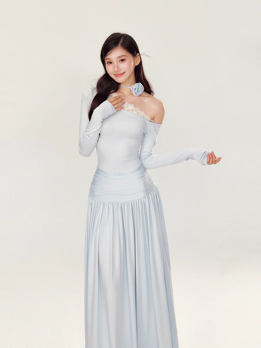Off-Shoulder Asymmetrical Waist Pleated Dress