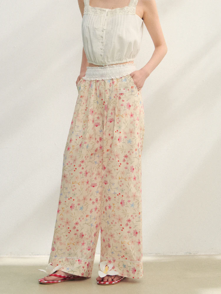 Lace-Trimmed Waist-Tie Wide-Leg Pants