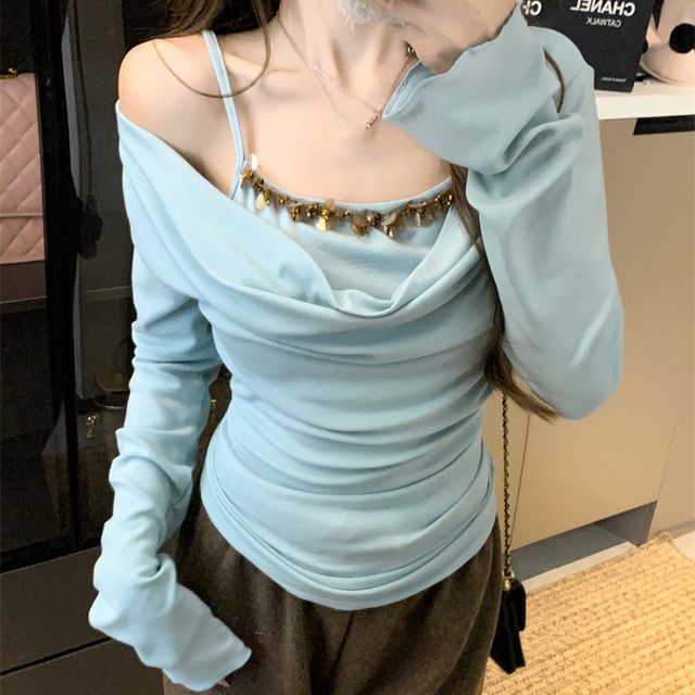 Off Shoulder Long Sleeve Mock Two Piece Top