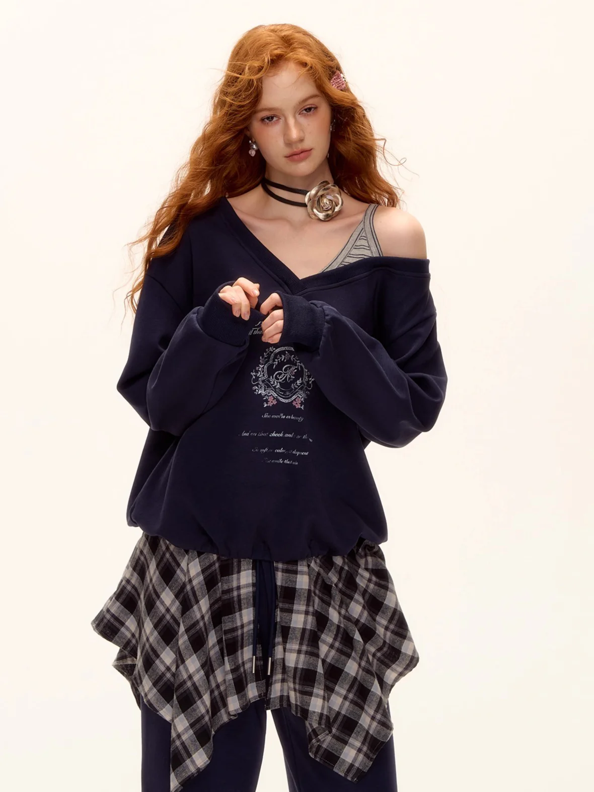 Asymmetric Shoulder Striped Fleece Tracksuit Set