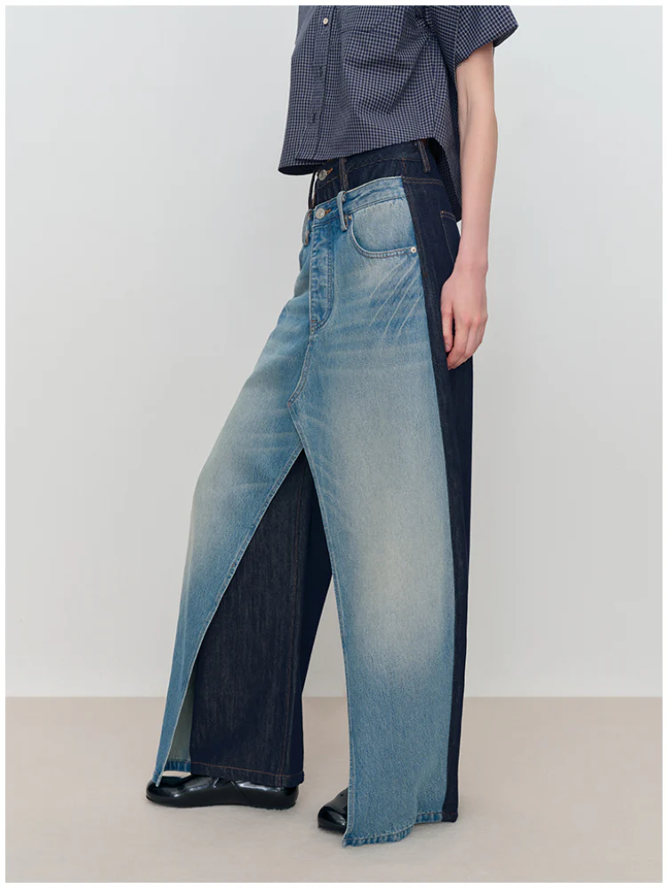Spliced Fake Two-Piece Wide-Leg Jeans