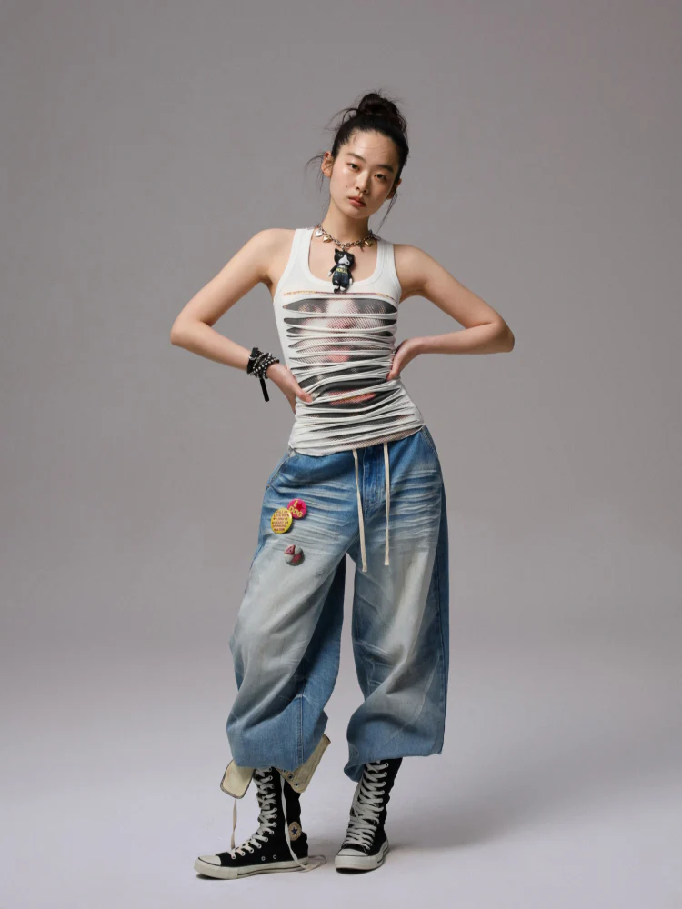 Irregular Hole-Ripped Double-Layer Halter Neck Tank Top