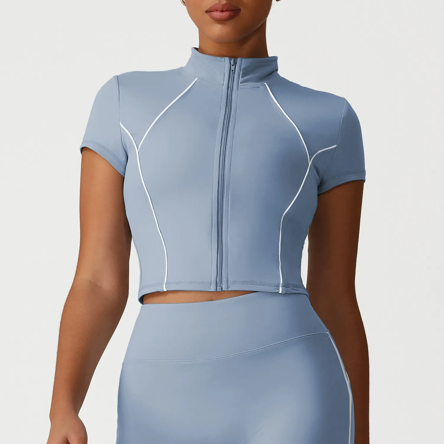 New Style Stand Collar Slim Zipper Sports Short Sleeve