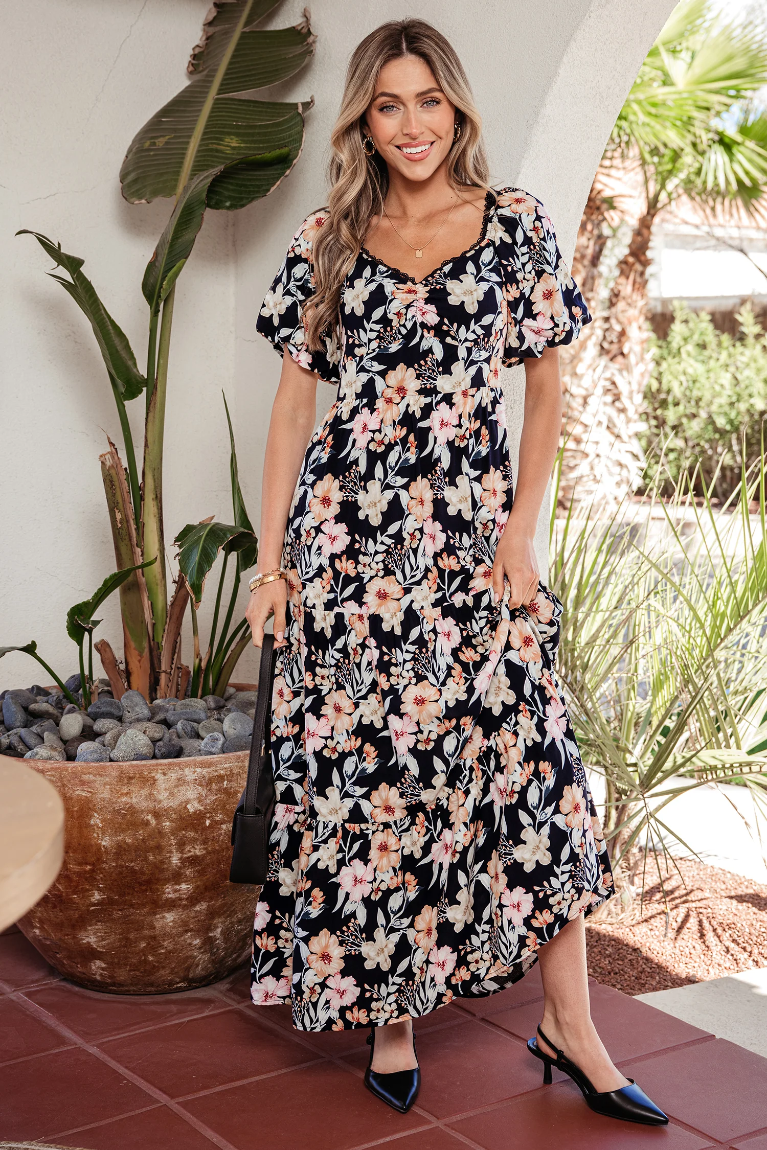 Short Sleeve Smocked Detail High Waist Floral Maxi Dress