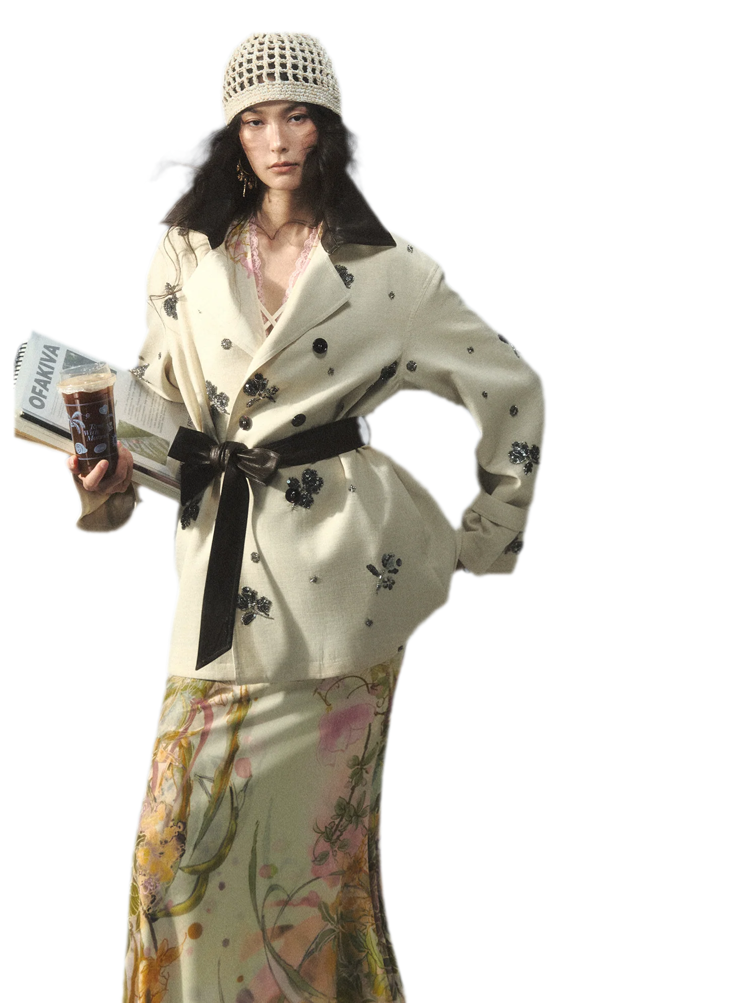 Beaded Embroidered Leather-Trim Trench Coat