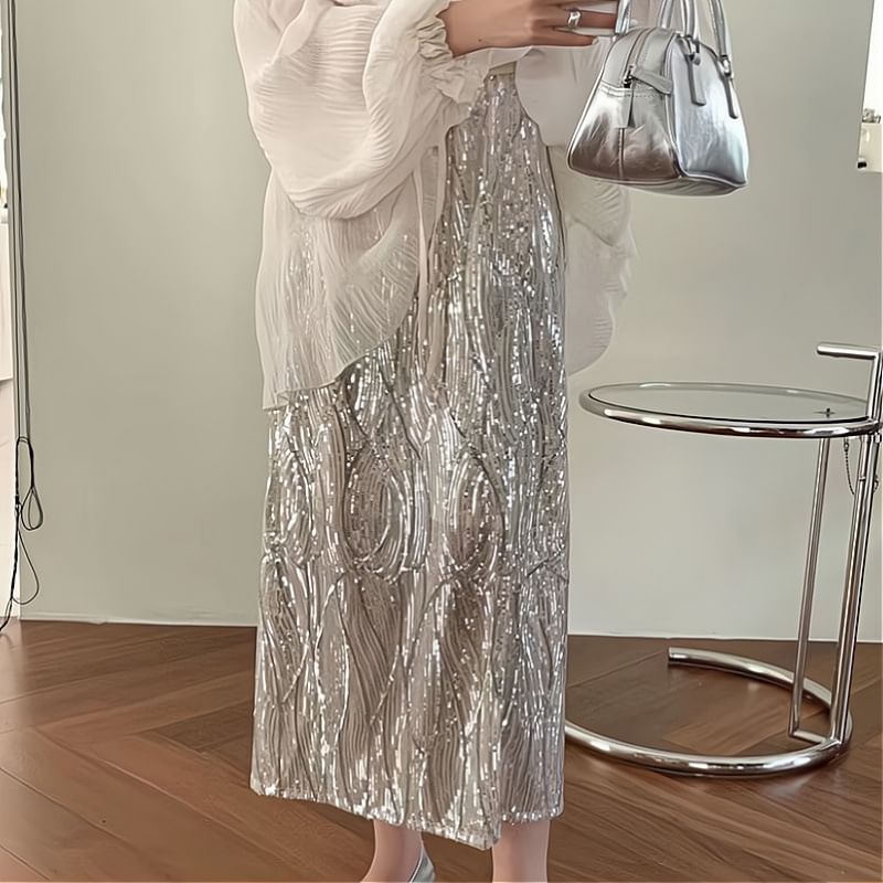 Long-Sleeve Tie H-Line Plain Rise V-Neck Top Sequin Midi High Front Skirt Set Blouse Cami / Sheer