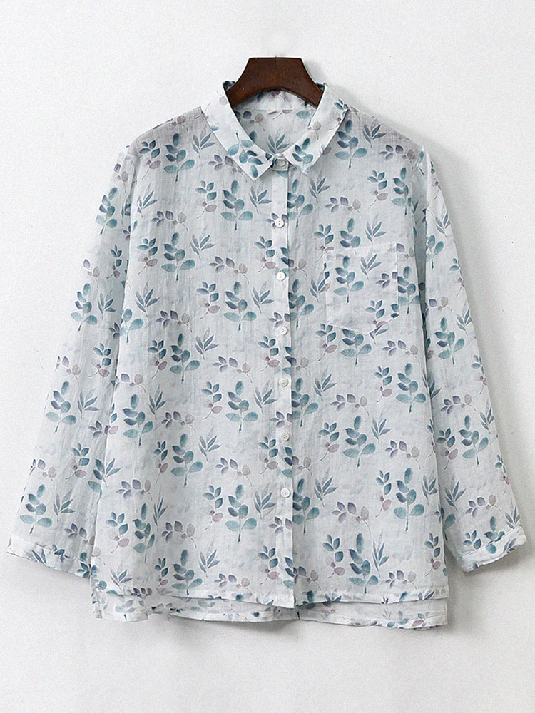 Women Long Sleeves Printed Loose Retro Cotton Ramie Shirt
