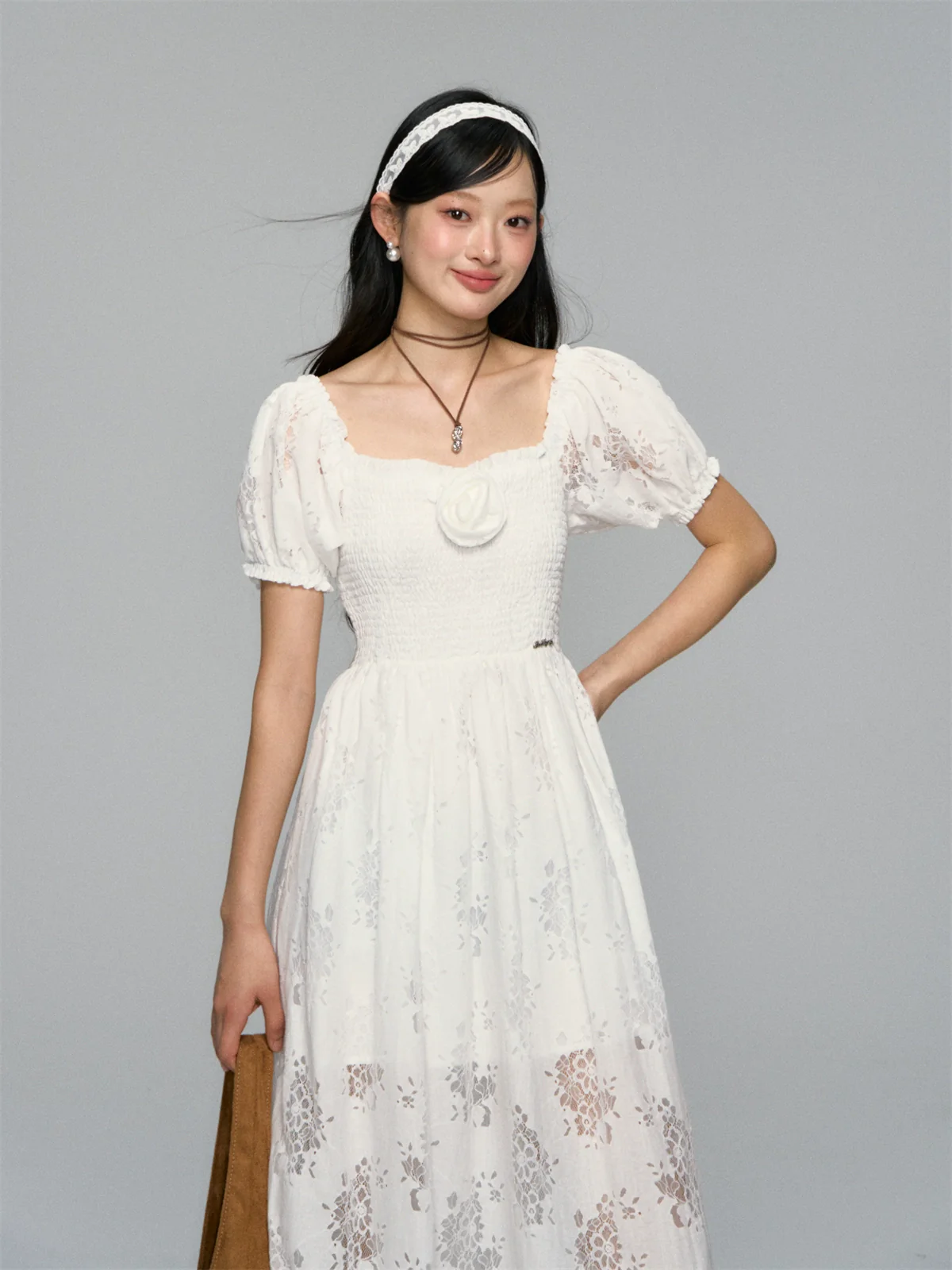 Puff-Sleeve Flower Hollowed Dress