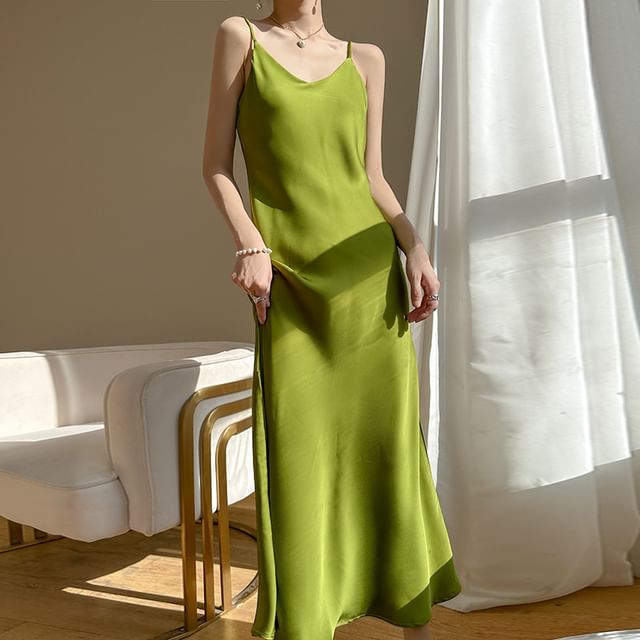 Midi Dress Satin Plain A-Line Strap V-Neck Spaghetti