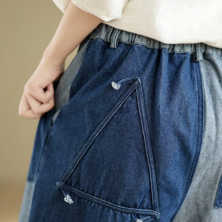 Women Spring Vintage Patchwork Denim Loose Wide-Leg Pants