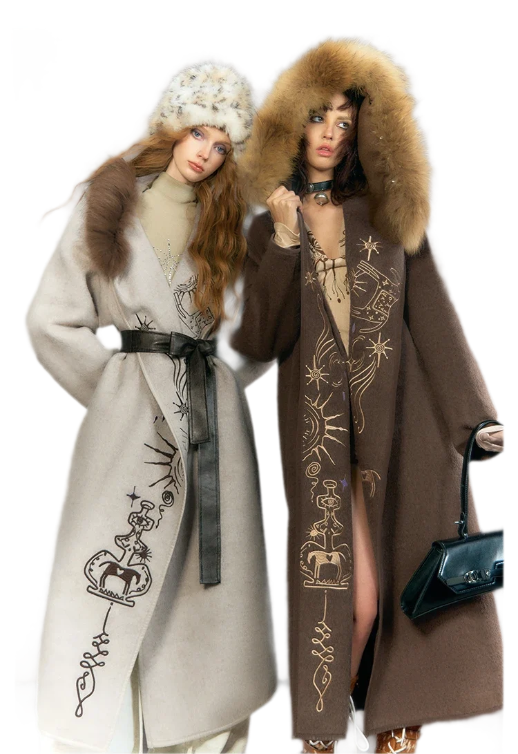 Embroidered Hooded Wool Coat