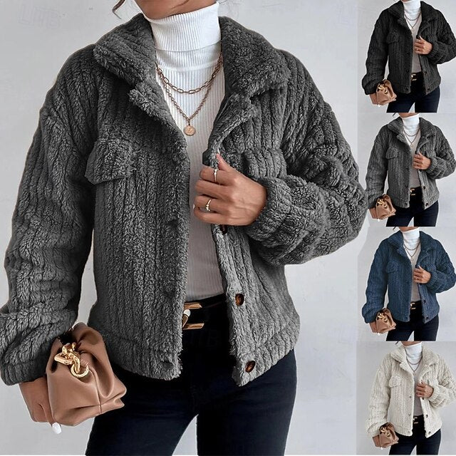 Warm Casual Coat Buttons Comfortable Plain Women's Teddy