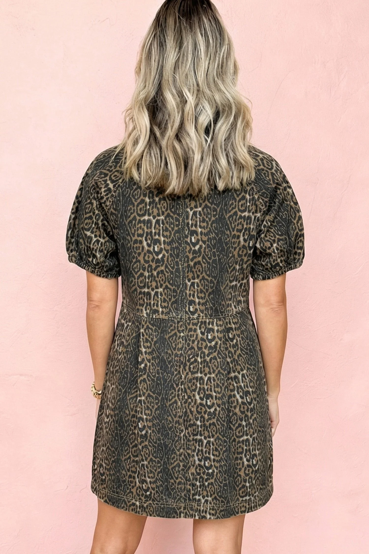 Gray Leopard Print Short Sleeve Pleated Denim Mini Dress