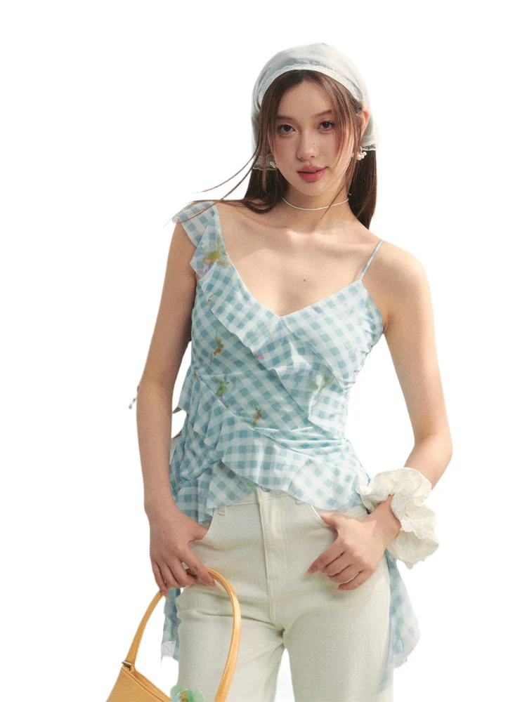 Blue Checkered Ruffled Print Slip Top